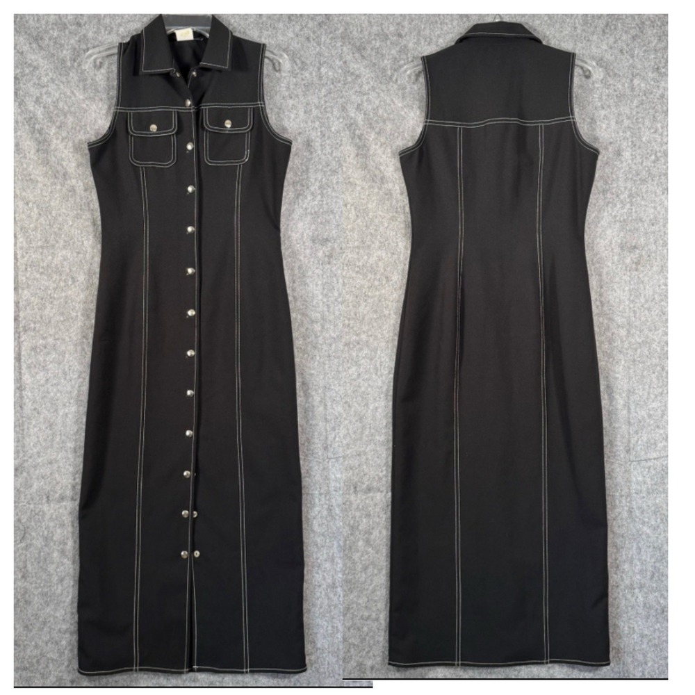 Vintage Y2K Snap Front Tank Dress Size 9 Maxi Western Grunge 90s Black USA‎